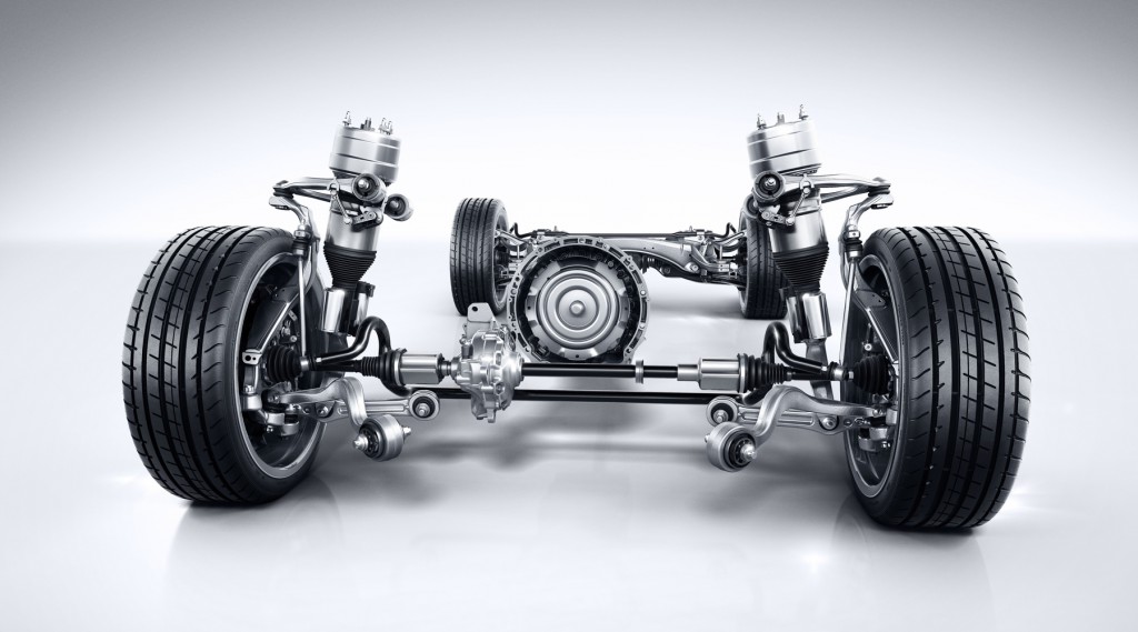 Mercedes-Benz GLC Antriebsstrang mit AIRMATIC Fahrwerk und Mehrkammer Luftfederbein. Mercedes-Benz GLC powertrain with AIRMATIC suspension and multi-chamber air suspension strut.