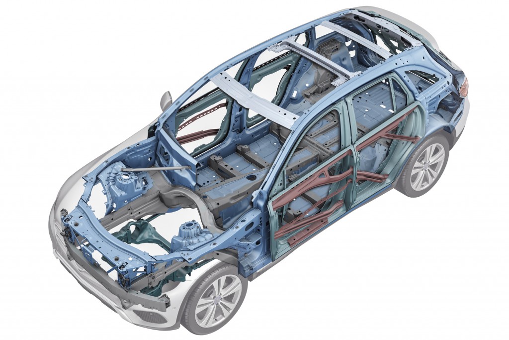 Mercedes-Benz GLC, Rohbau. Ein intelligenter Materialmix sorgt für eine steife Karrosserie und hervorragende Crashwerte  Mercedes-Benz GLC, bodyshell. An intelligent material mix ensures a rigid body structure and outstanding crash performance